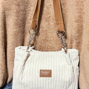 Meiduola corduroy tote with brown leather straps and chain accents